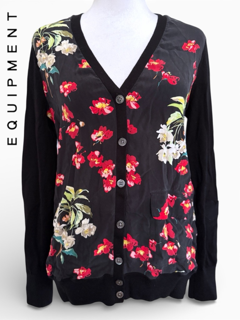 Equipment Cardigan Sweater Silk-Wool Button Down Black Red Floral AS-IS | Size S